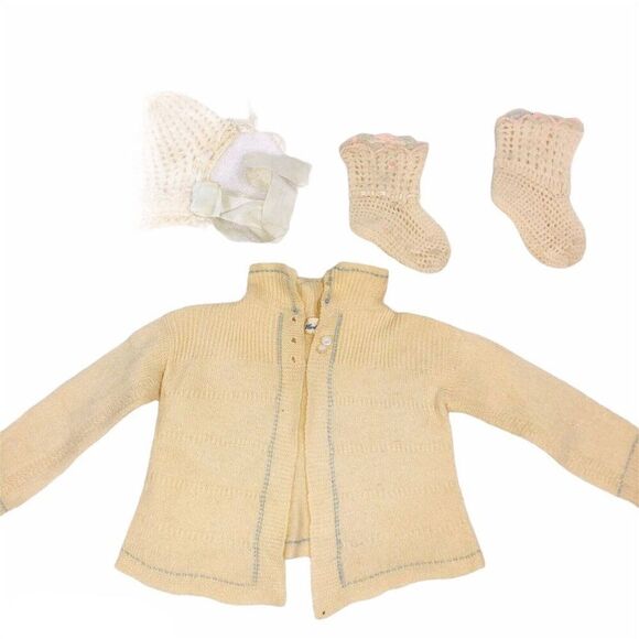 Vintage 50s Baby NB Cardigan Hand Made Bonnet Booties Cream Knit Ribbon Trim - Picture 2 of 9